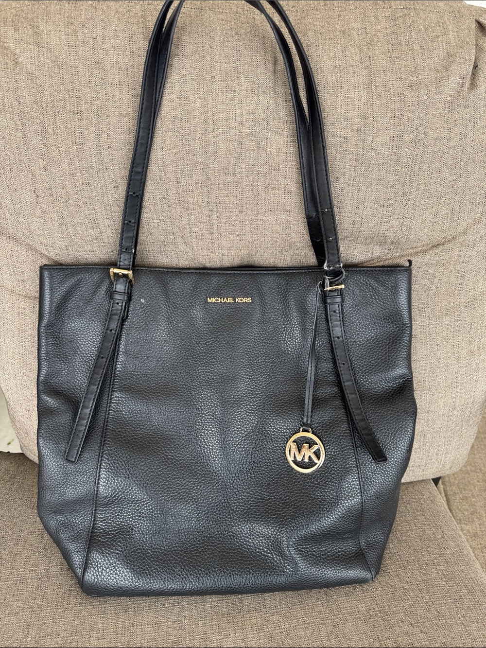 Michael Kors Black Pebbled Leather Shoulder Tote with Gold MK Charm